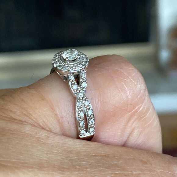 14K WG Crisscross Shank Genuine Diamond Halo Engagement Ring - Picture 2 of 11